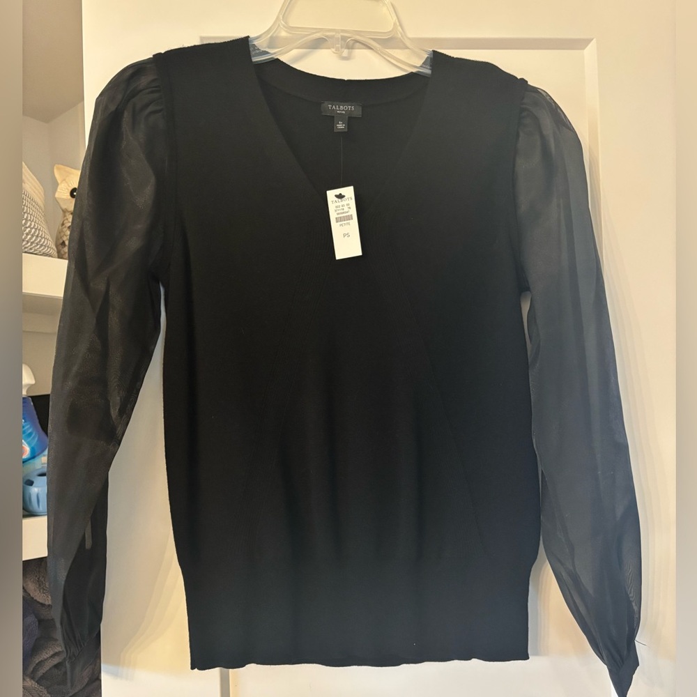 NWT Talbot’s Black  V-Neck Women's Sweater, sheer sleeves